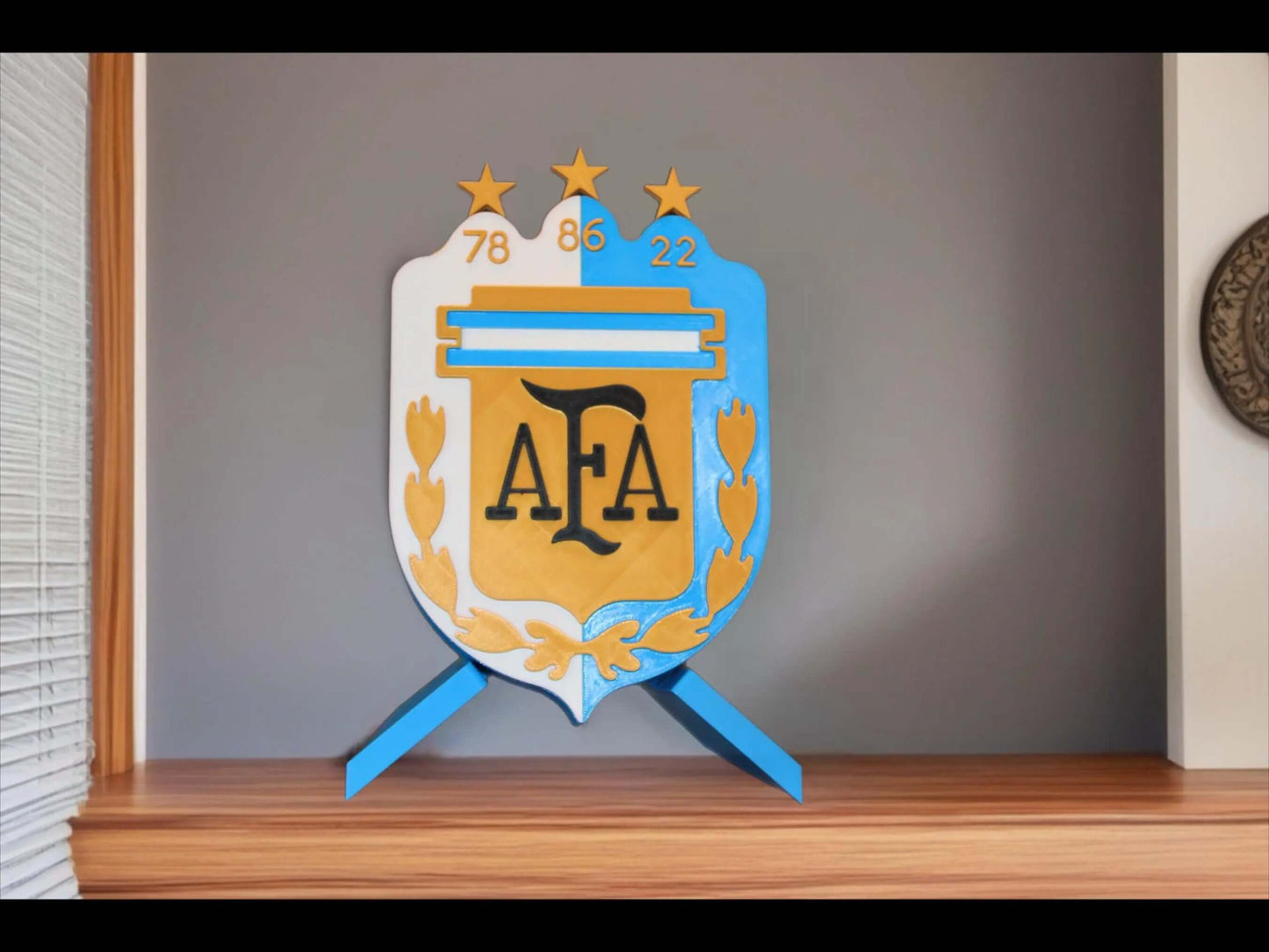 3D printed emblem of Argentina National Team AFA crest, honoring 3 World Cup wins in vibrant colors, ideal for fans.