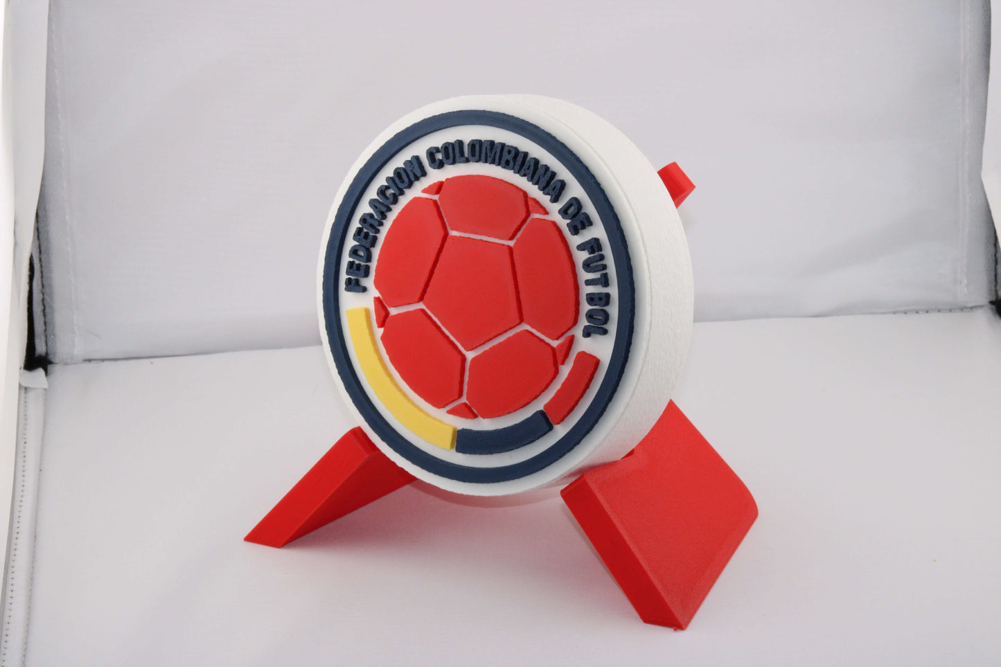 3D Printed Colombia Soccer Emblem in vibrant colors, no assembly required, perfect fan gift for Cafeteros supporters.
