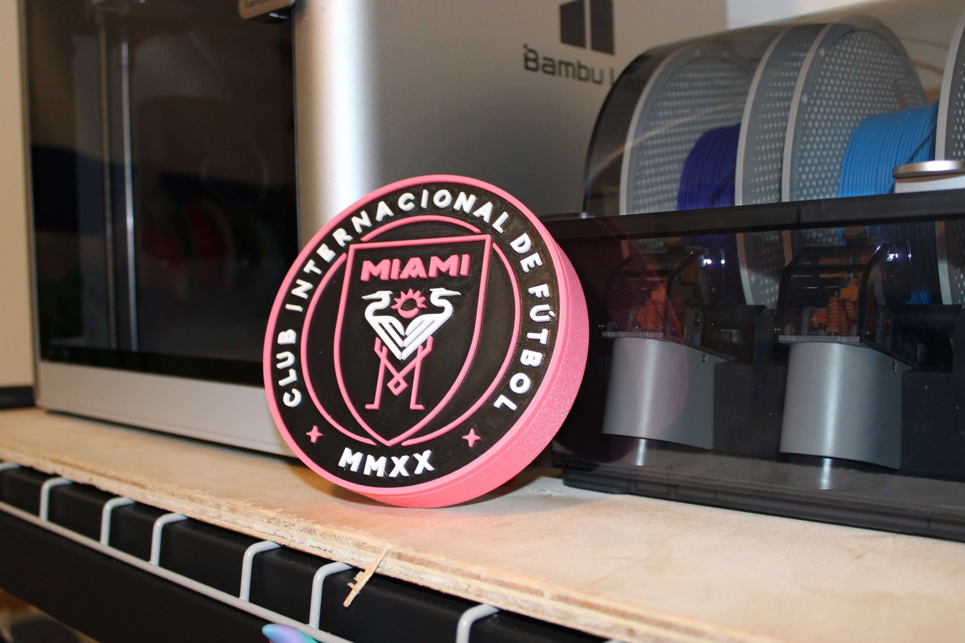 Inter Miami 3D Printed Emblem showcasing vibrant colors, made from high-quality materials, perfect for soccer fans.