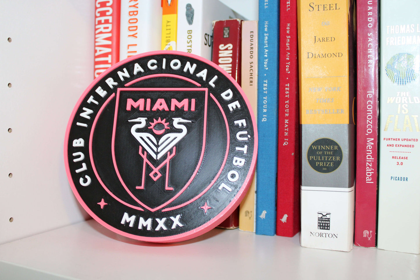 Inter Miami 3D Printed Emblem showcasing vibrant colors, honoring soccer legends, perfect for fans and decor.