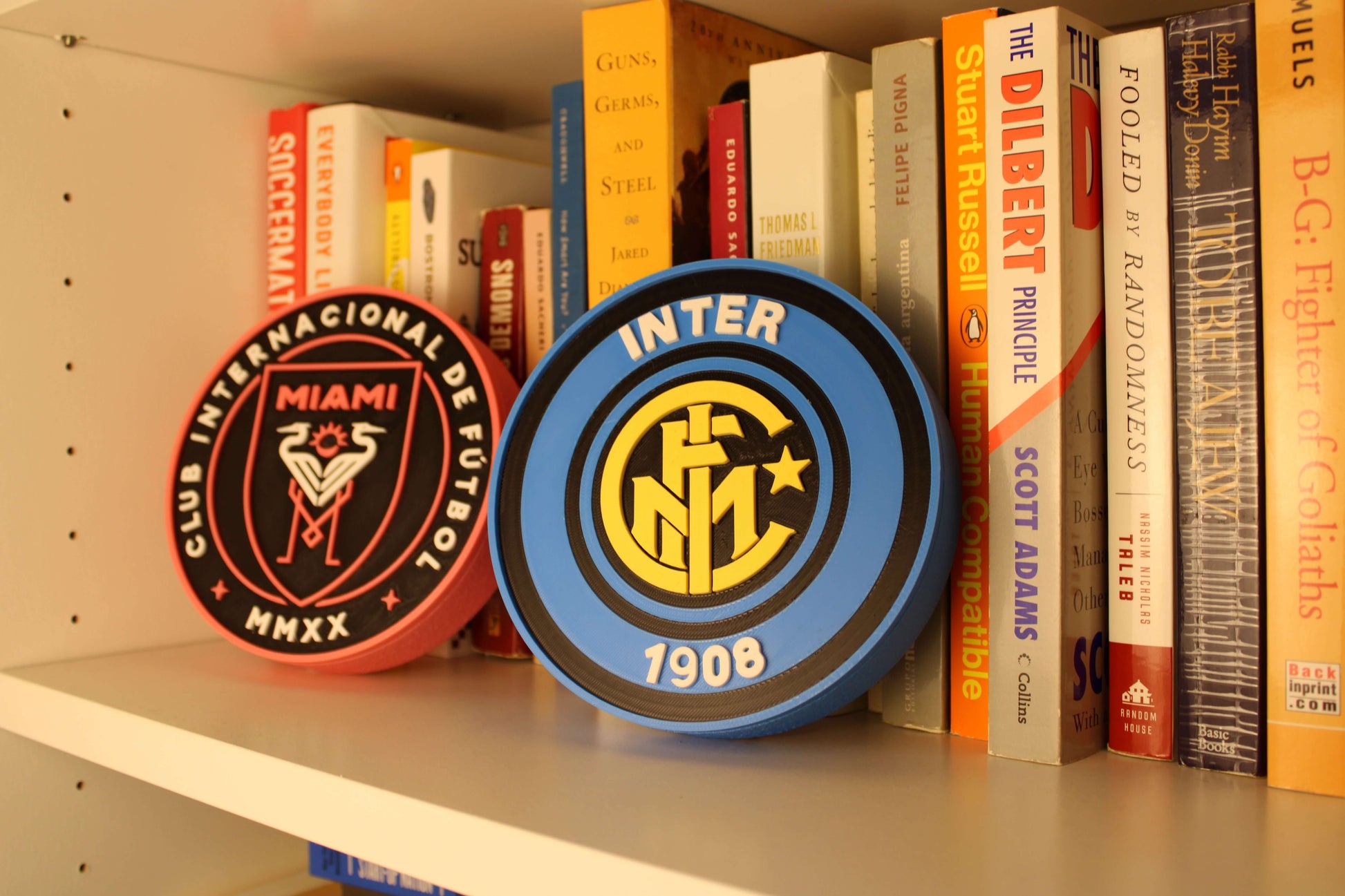 Colorful 3D printed Inter Milan emblem with Miami soccer emblem, showcasing vibrant colors and unique design for fans.
