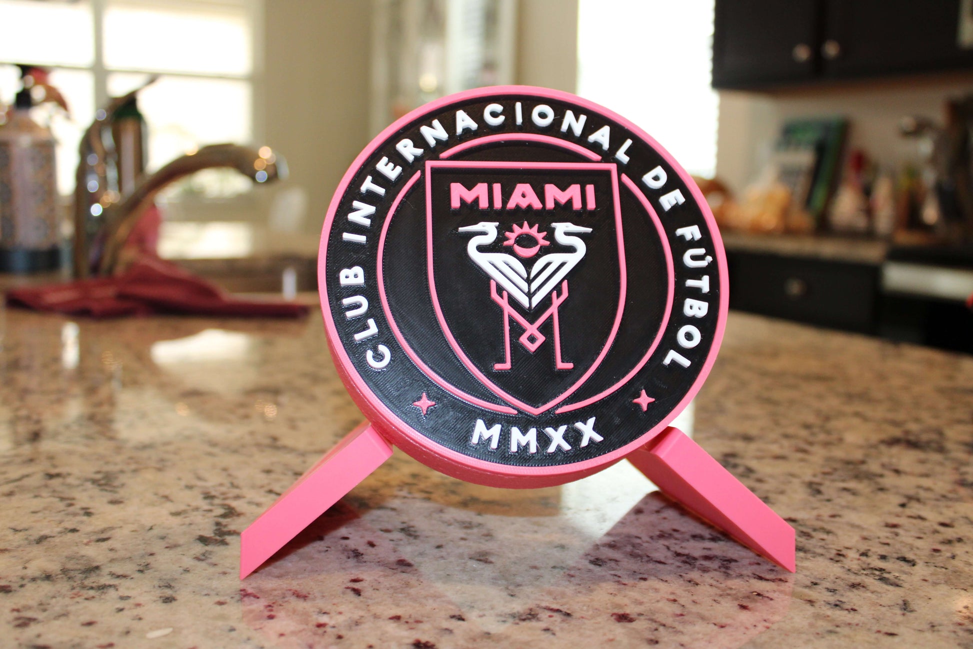 Inter Miami 3D Printed Emblem on a stand, vibrant colors and high-quality material for soccer lovers and Messi fans.