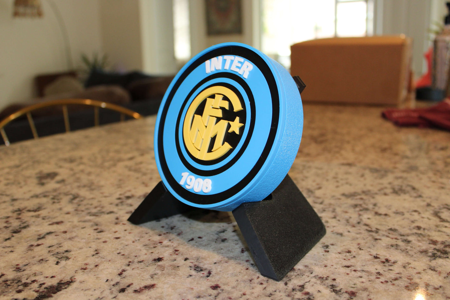 Inter Milan 3D printed emblem on display, featuring vibrant colors and quality design for soccer fans.
