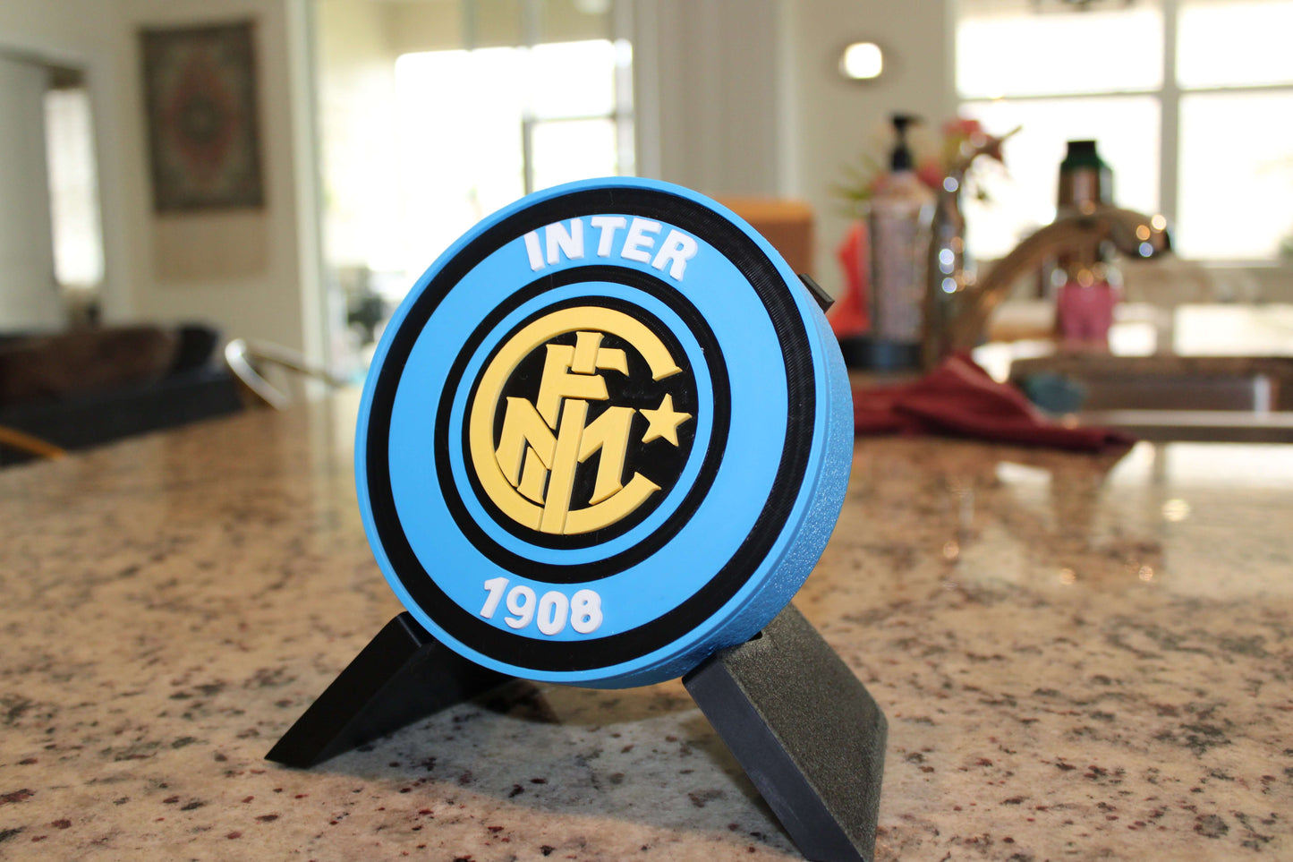 Inter Milan Retro 3D Printed Emblem on display, vibrant colors, unique piece for true fans, no assembly required.