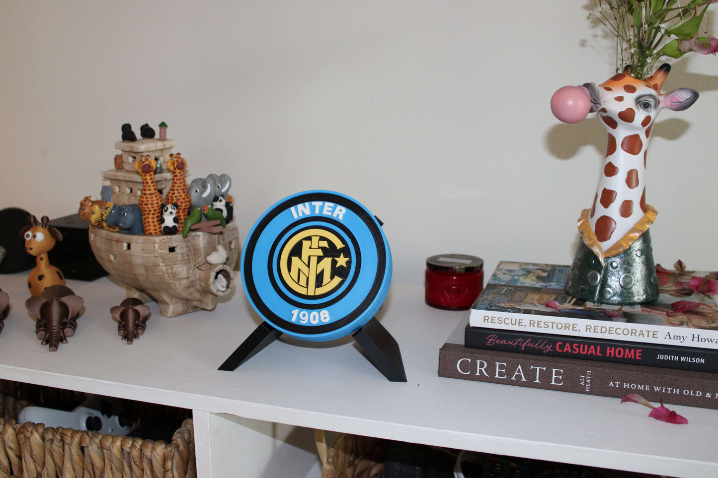 Inter Milan Retro 3D Printed Emblem displayed on a shelf, showcasing vibrant colors and unique design for true fans.