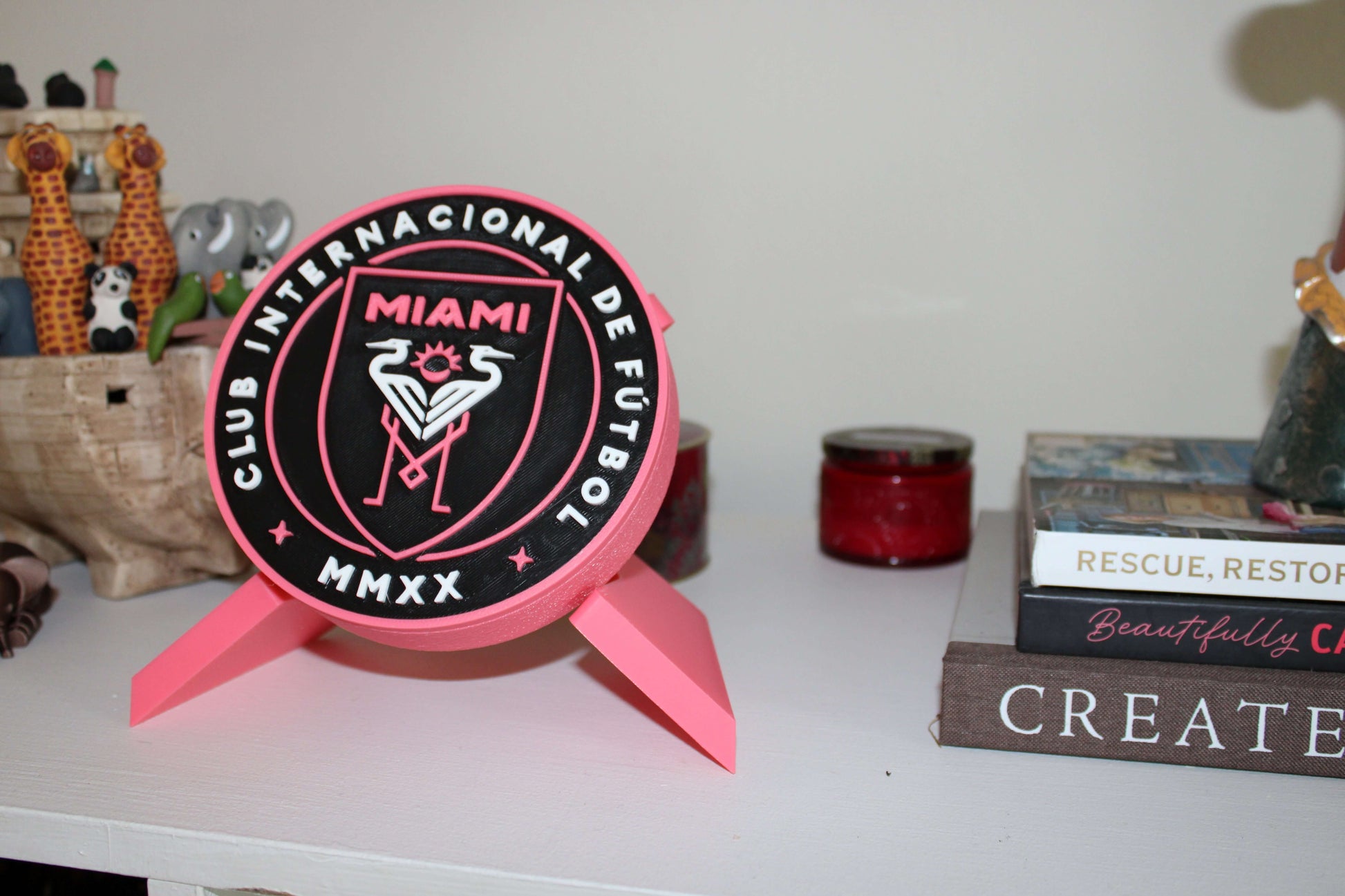 Inter Miami 3D printed emblem, colorful decor for Messi fans, unique soccer tribute, no assembly needed.