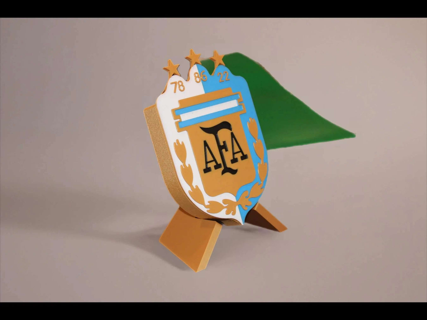3D Printed Argentina National Team Emblem with AFA crest, honoring 3 World Titles, vibrant colors, stylish decor for fans.