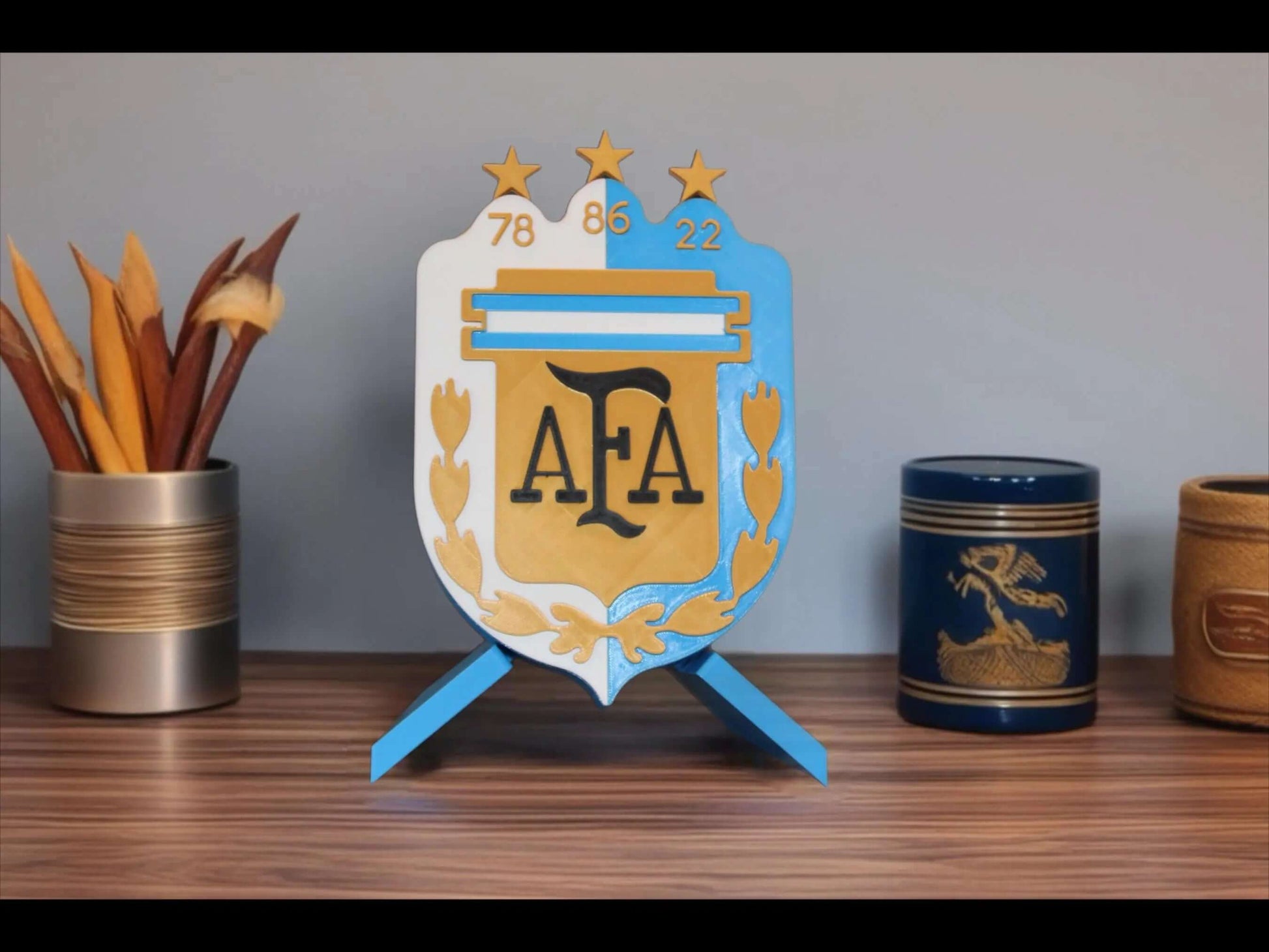 3D printed emblem of Argentina National Team crest, honoring 3 World Cup victories in vibrant colors