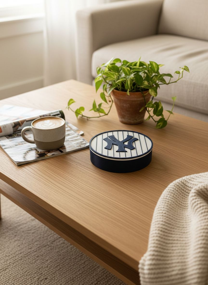 NY Yankees 3D Box on oak coffee table — cappuccino, plant, magazines lifestyle