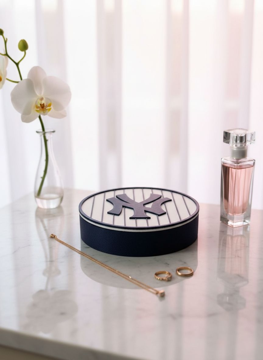 NY Yankees 3D Box on marble vanity — orchid, perfume, gold jewelry lifestyle