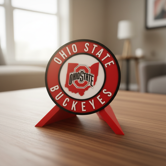 Ohio State Buckeyes 3D printed decorative plaque with scarlet gray team colors and built in desk stand