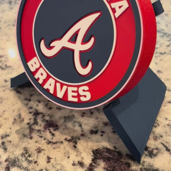 3D printed Atlanta Braves MLB plaque in vibrant colors, perfect for baseball decor and fan gifts.