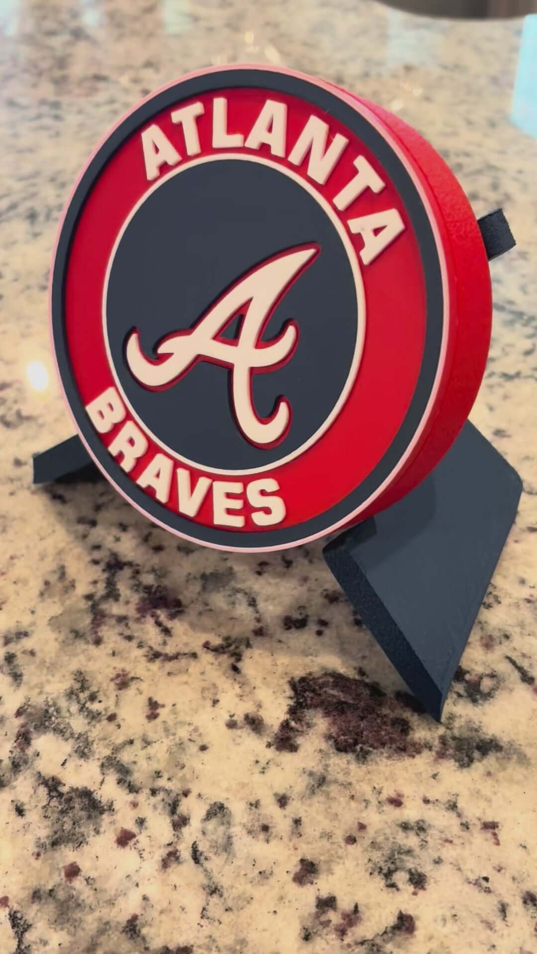 3D printed Atlanta Braves MLB plaque in vibrant colors, perfect for baseball decor and fan gifts.