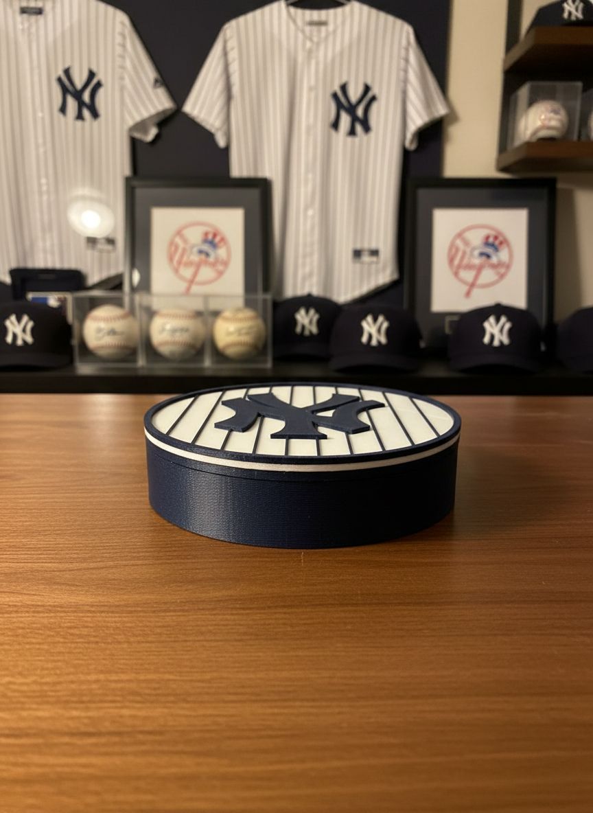 NY Yankees 3D Box on walnut desk — Yankees man-cave with jerseys, signed baseballs, framed logos